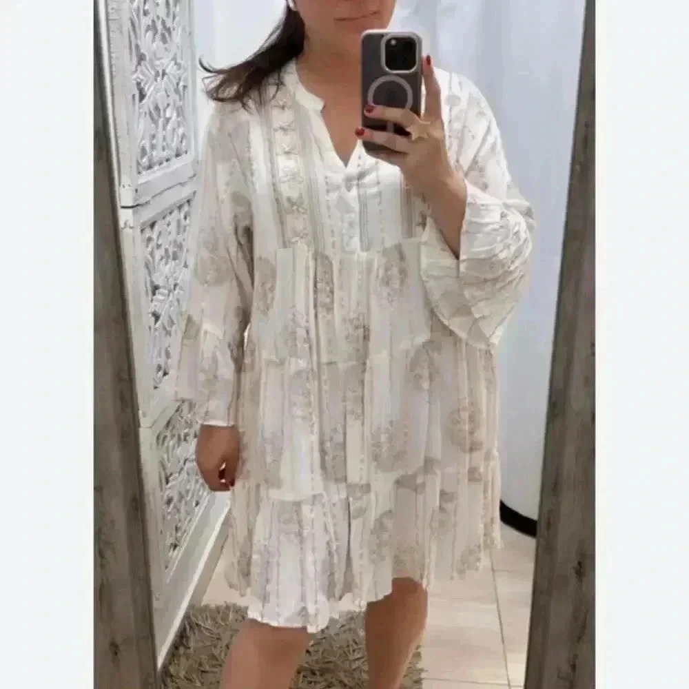 NWT Zury OS 100% Viscose‎ Paisley Fringe Boho Mini Dress Free Size Gold & White